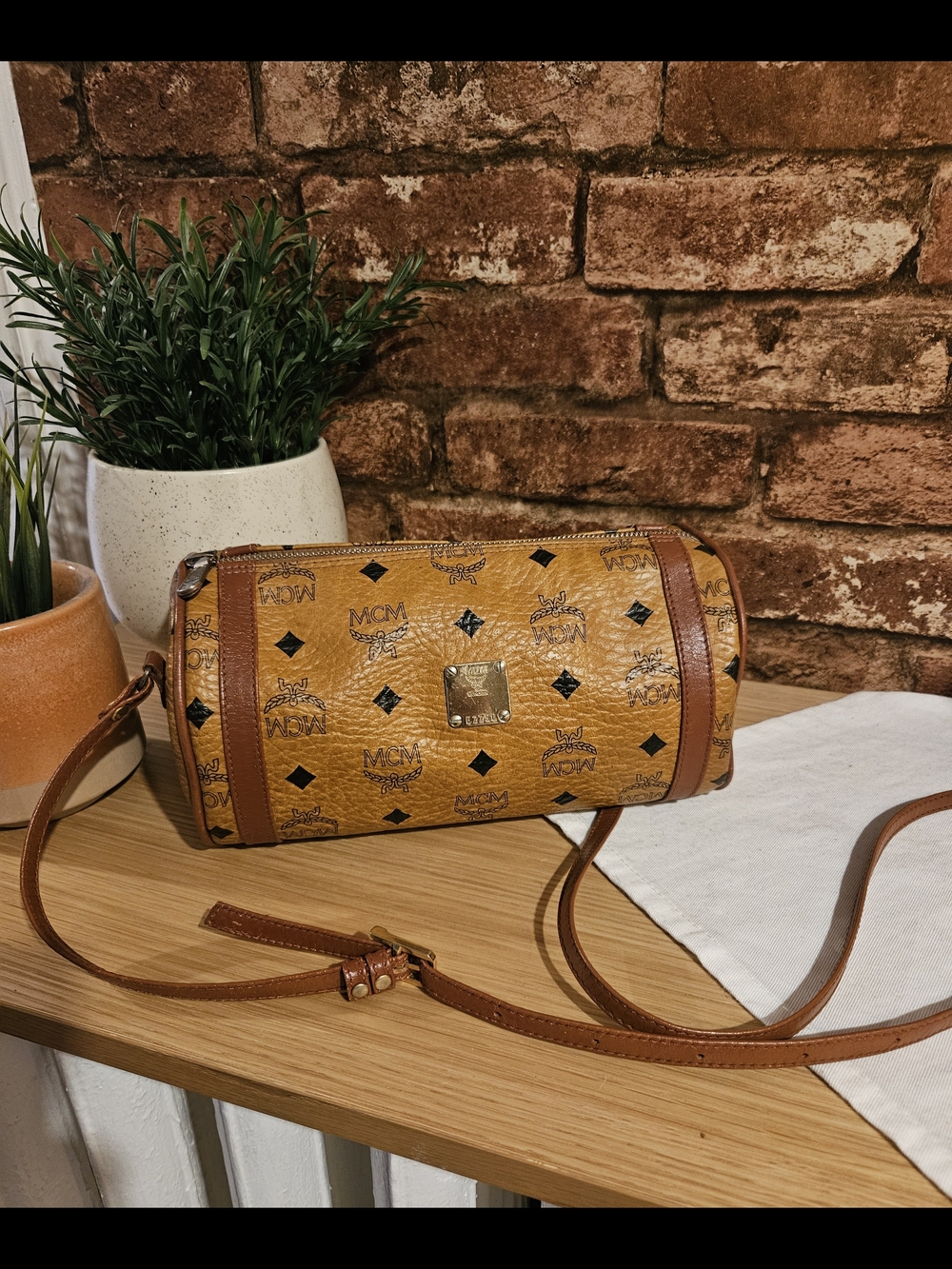 MCM Cognac Visetos Barrel Crossbody Bag